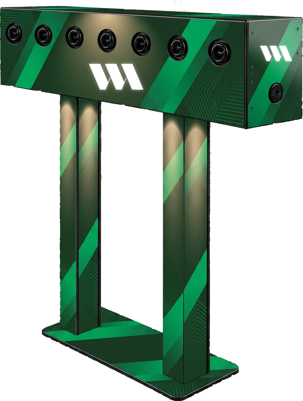 Array multi-camera gantry with seven camera lenses across the top beam, shown in a WM Events custom wrap