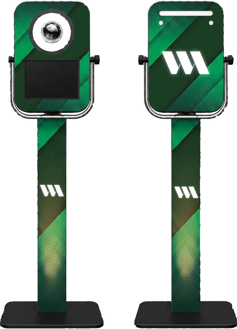 PRO booth, front and back, with adjustable tilting head unit, shown in a WM Events custom wrap