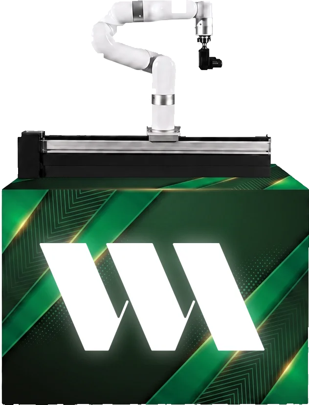 Robotic camera arm mounted on a rail atop a branded base cabinet, shown in a WM Events custom wrap
