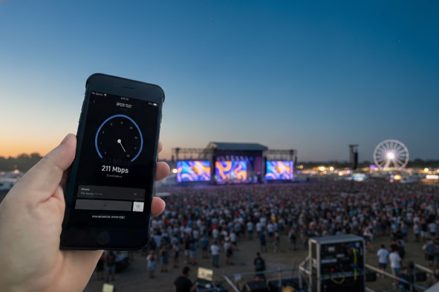 Speed test showing 211 Mbps over a festival crowd