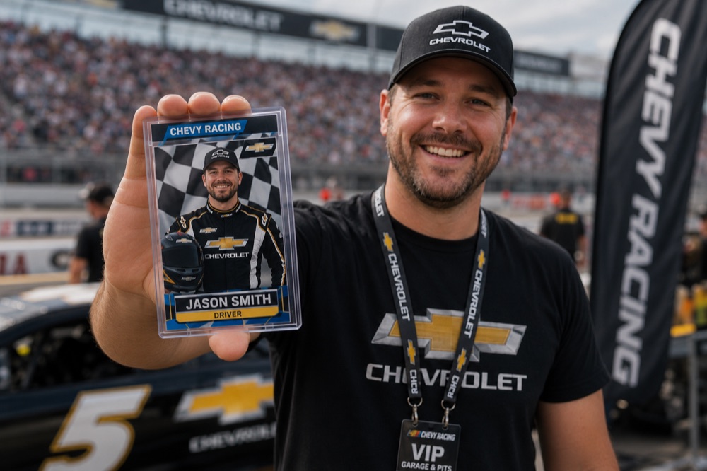 Fan at the track holding his sleeved personalized Chevy Racing driver trading card